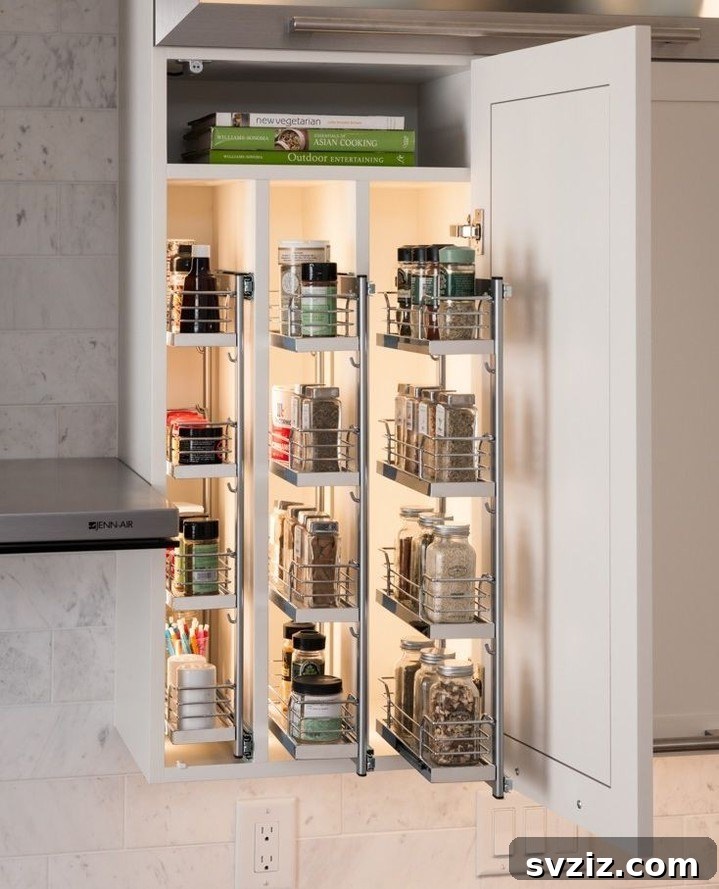 Vertical pullout spice racks for accessible kitchen storage