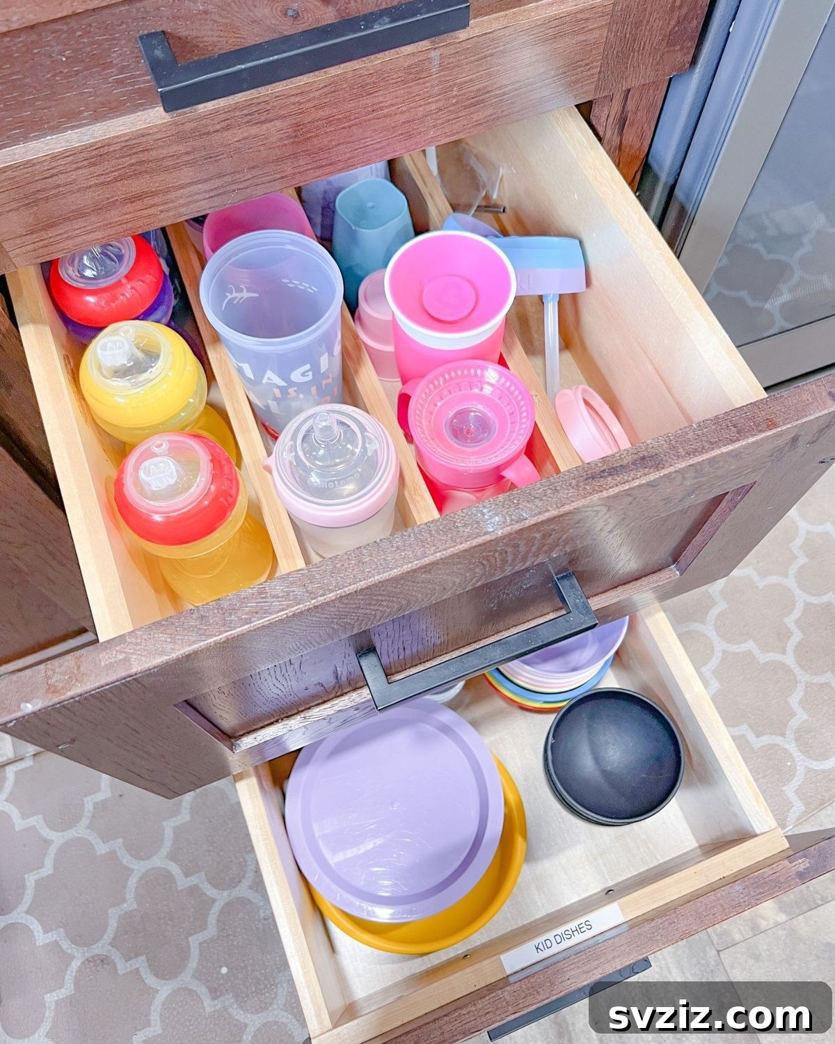 Kid-friendly pullout drawer with snacks and dishes