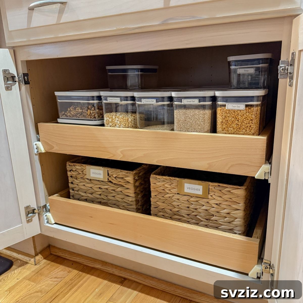 Pantry pullout drawers organized with OXO containers