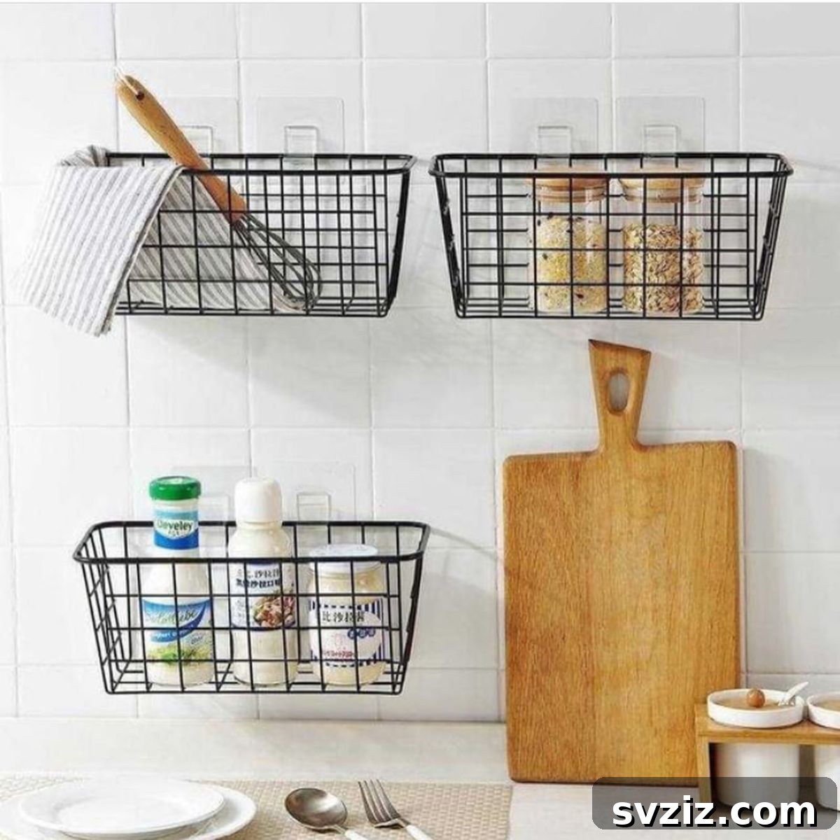 21 Genius Vertical Kitchen Hacks to Maximize Your Space 23 Wall Mounted Wire Baskets
