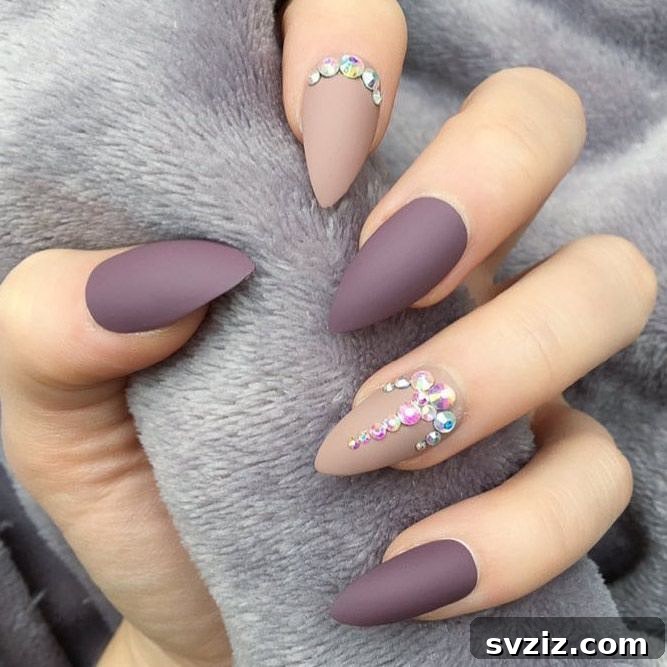 31 Chic Short Matte Nail Designs to Try Now 14 Short matte nails combining elegant purple and soft nude shades, accented with rhinestone designs.