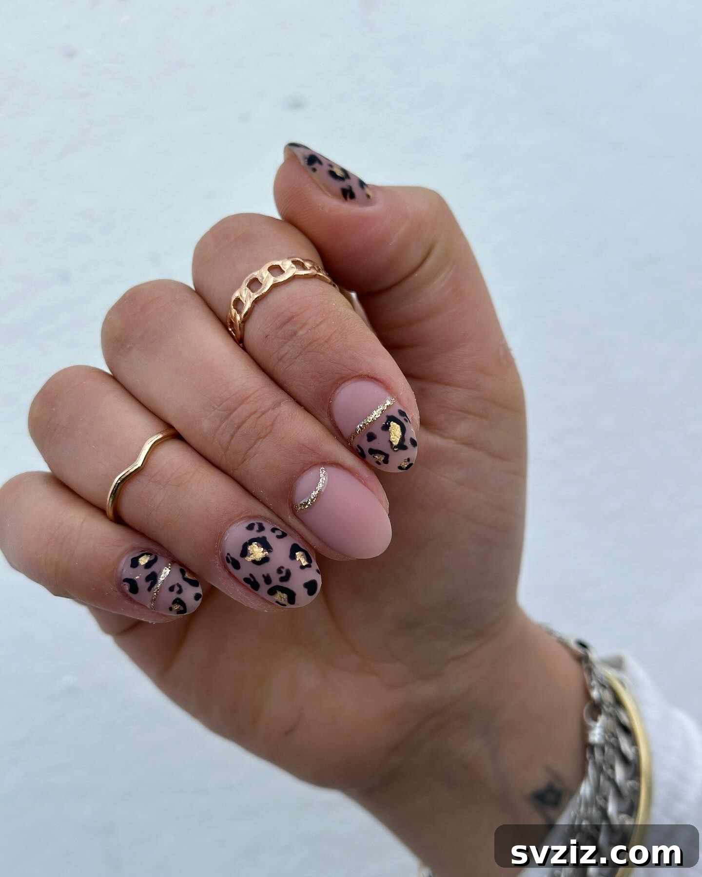 31 Chic Short Matte Nail Designs to Try Now 18 Chic short matte leopard print nails in a sophisticated combination of pink, black, and gold.
