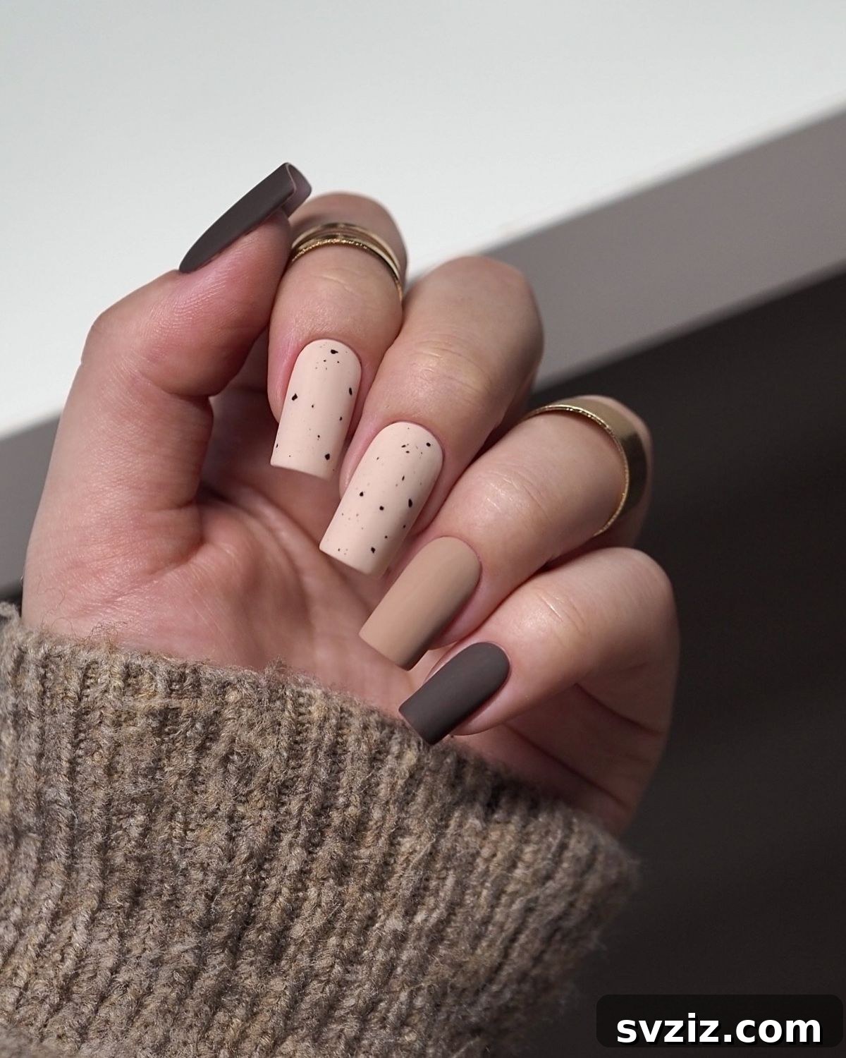 31 Chic Short Matte Nail Designs to Try Now 30 Beautiful short matte neutral nails in brown, beige, and nude shades, accented with a smattering of artistic dots.