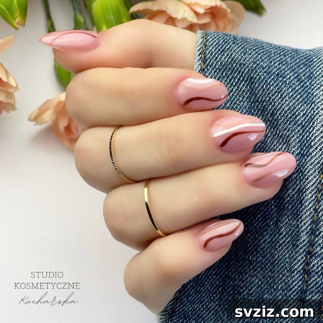 Pearly Pink Nails with Elegant Minimalist Brown Swirl Art