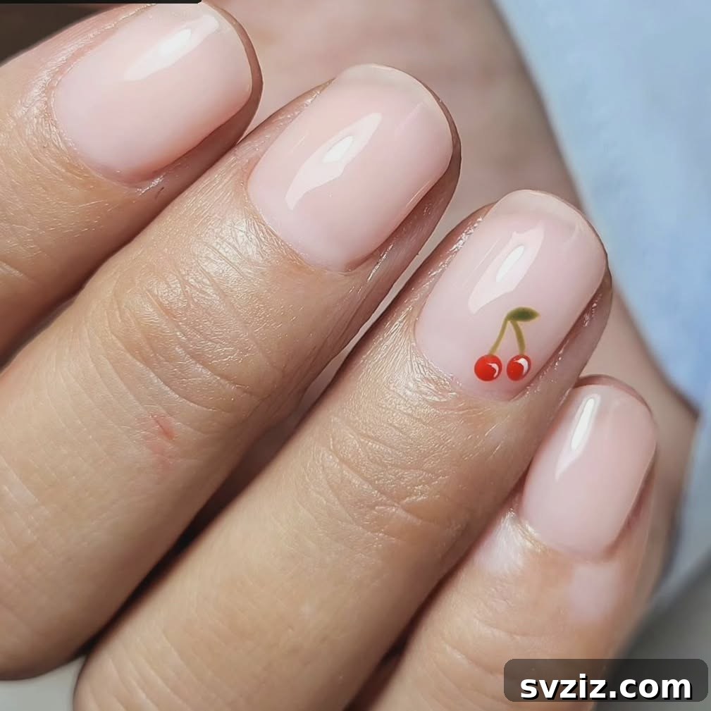 Sweet Cherry Accent on Simple Natural Minimalist Nails