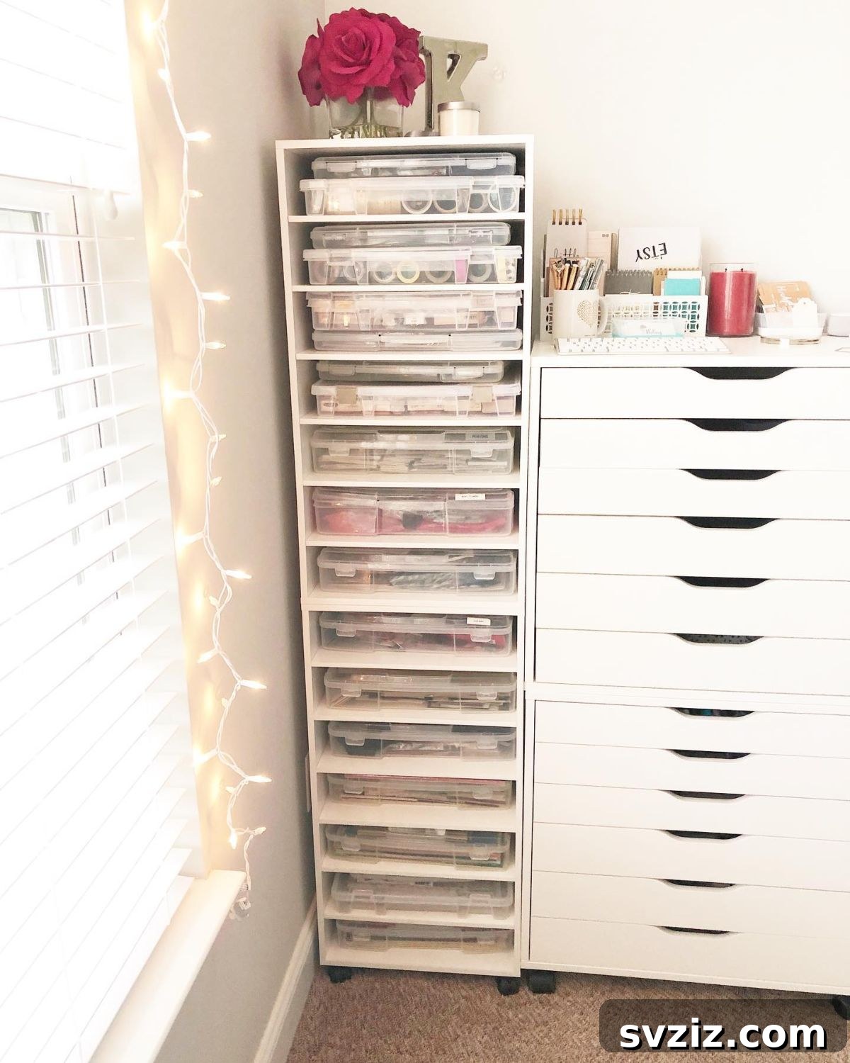 Tall storage tower with multiple shelves, neatly organizing diverse craft items like paper and embellishments.
