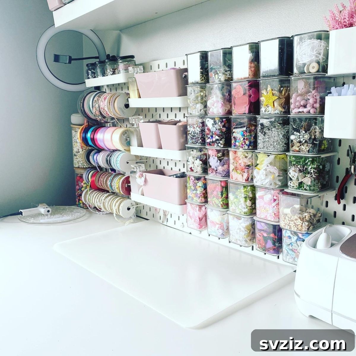 Customizable pegboard storage system with various hooks, shelves, and baskets for craft tools and supplies.