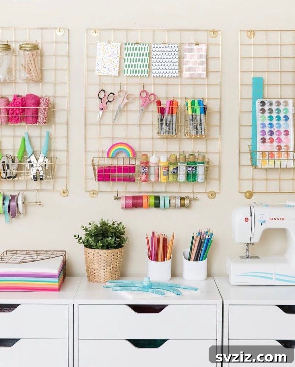Wire memo boards on a craft room wall, used for organizing notes, inspiration, and small supplies.