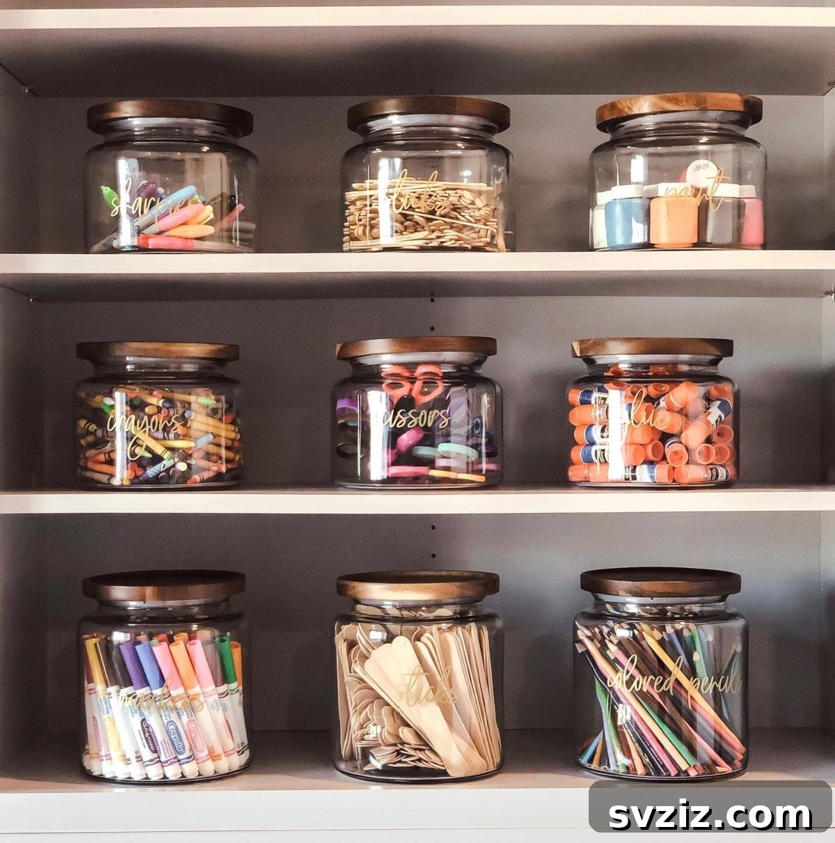 Clear labeled jars for craft supplies, organizing beads, buttons, and other small items.