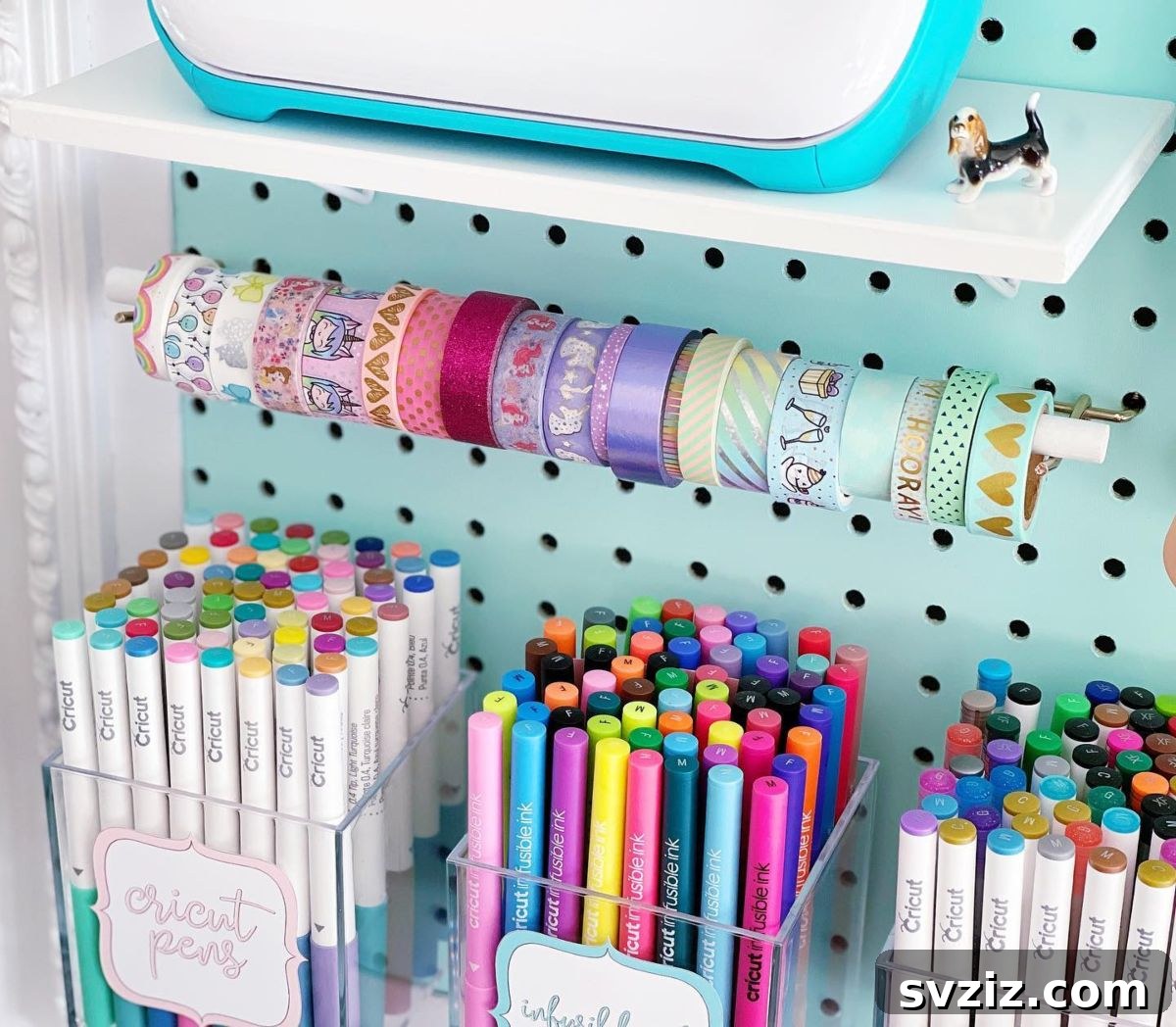 Hanging dowel rod organizing a colorful collection of washi tape, keeping them visible and tidy.