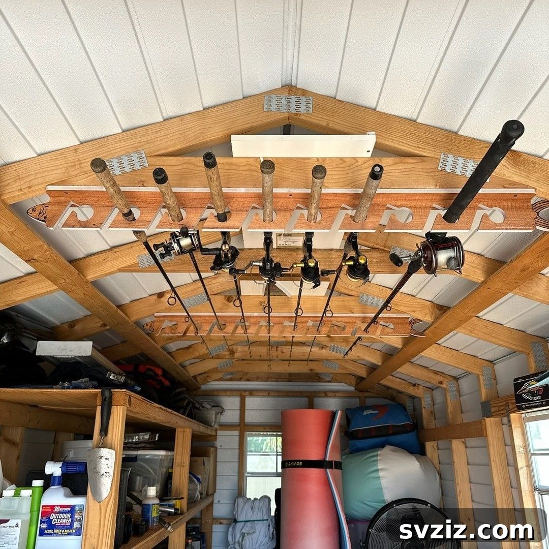 21 Genius Shed Organization Ideas for a Clutter-Free Outdoor Oasis 13 11. Ceiling Fishing Rod Storage