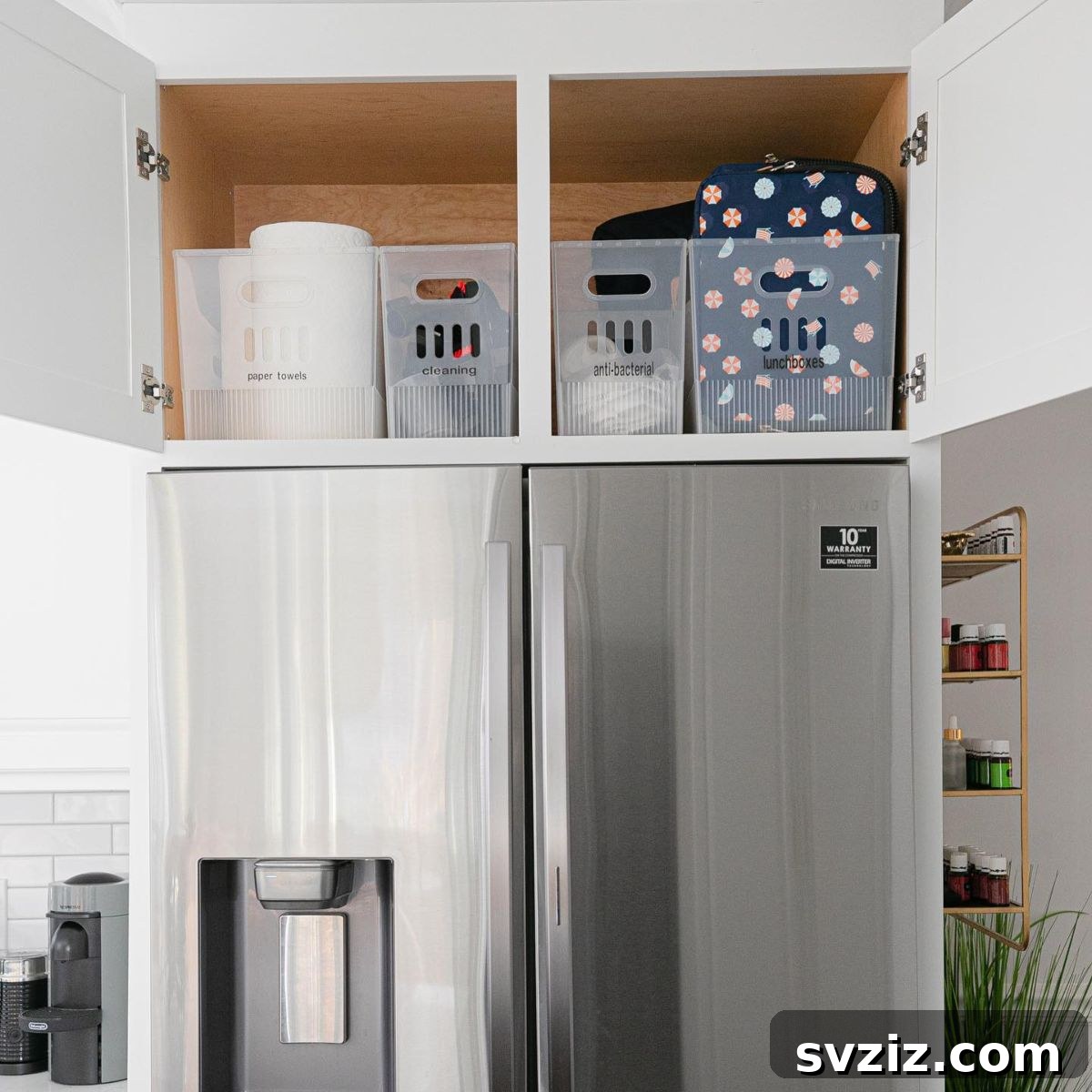 13 Genius Ideas to Organize Above Your Refrigerator 15 Bulky Appliances Storage Above Fridge