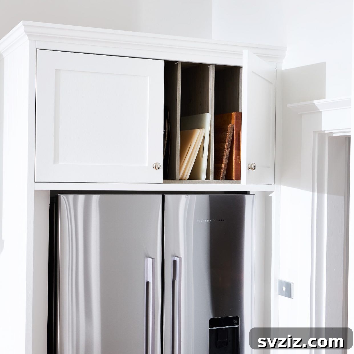 13 Genius Ideas to Organize Above Your Refrigerator 6 Trays and Breadboard Storage Above Fridge