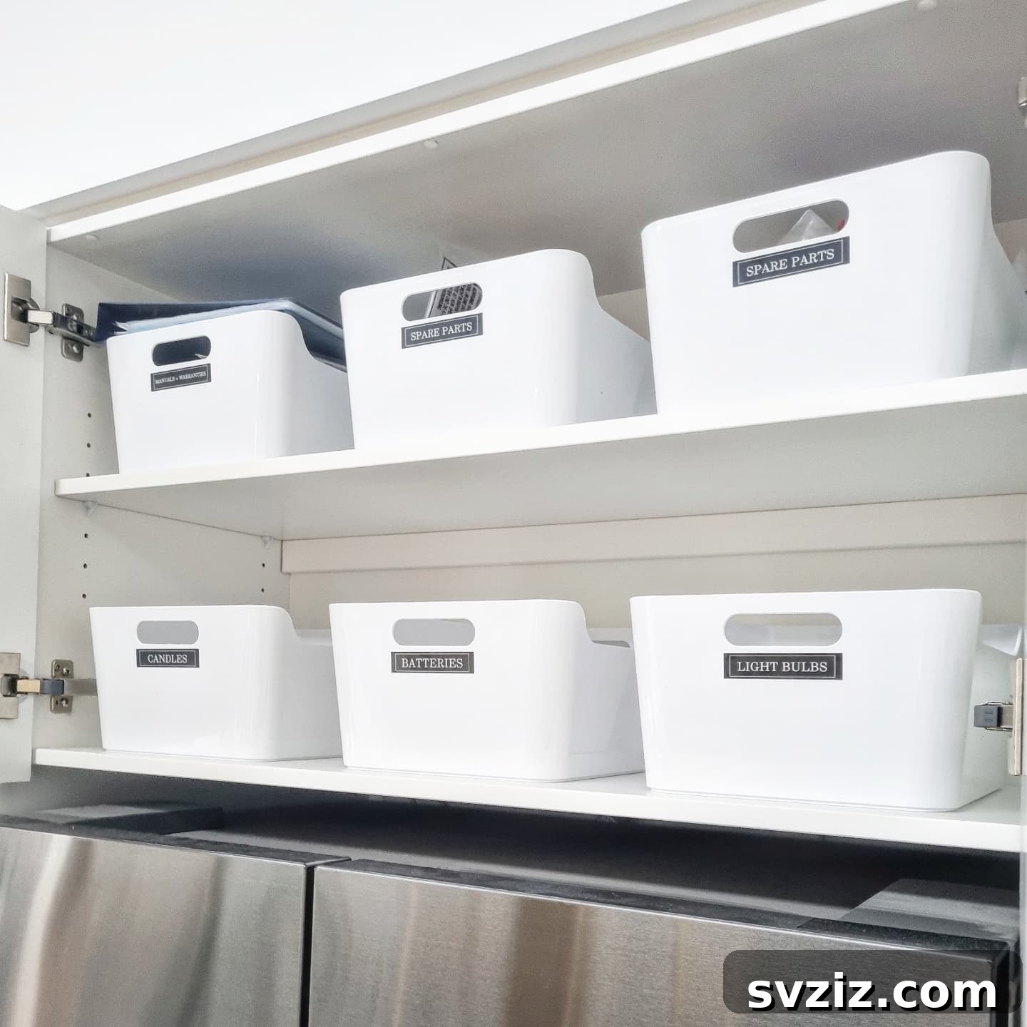 13 Genius Ideas to Organize Above Your Refrigerator 8 Labeled Plastic Bins Above Fridge