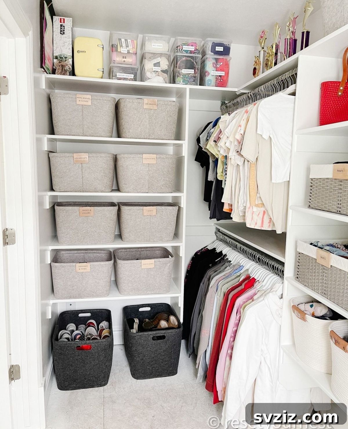Labeled fabric storage bins for closet organization