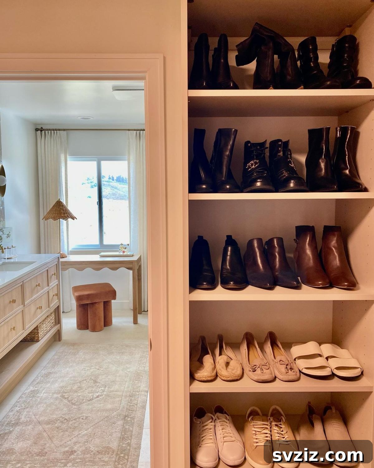 Built-in shelving maximizing small closet space for shoe storage