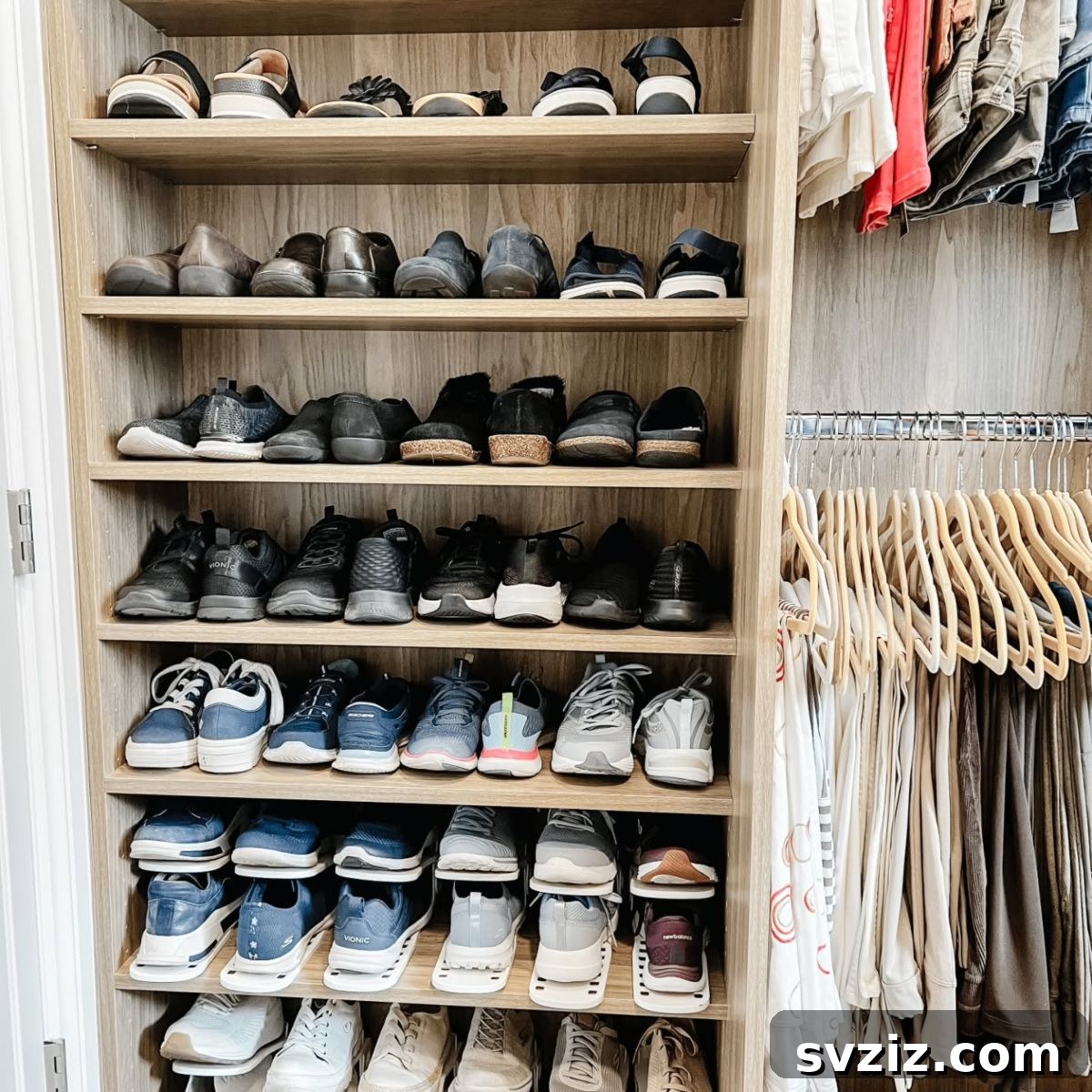 Narrow, space-saving shoe shelves for closet organization