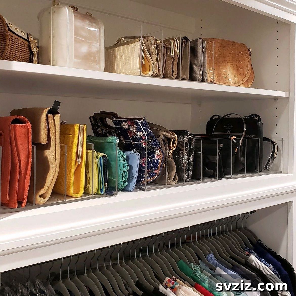 Closet organized by color for bags and purses with glass dividers