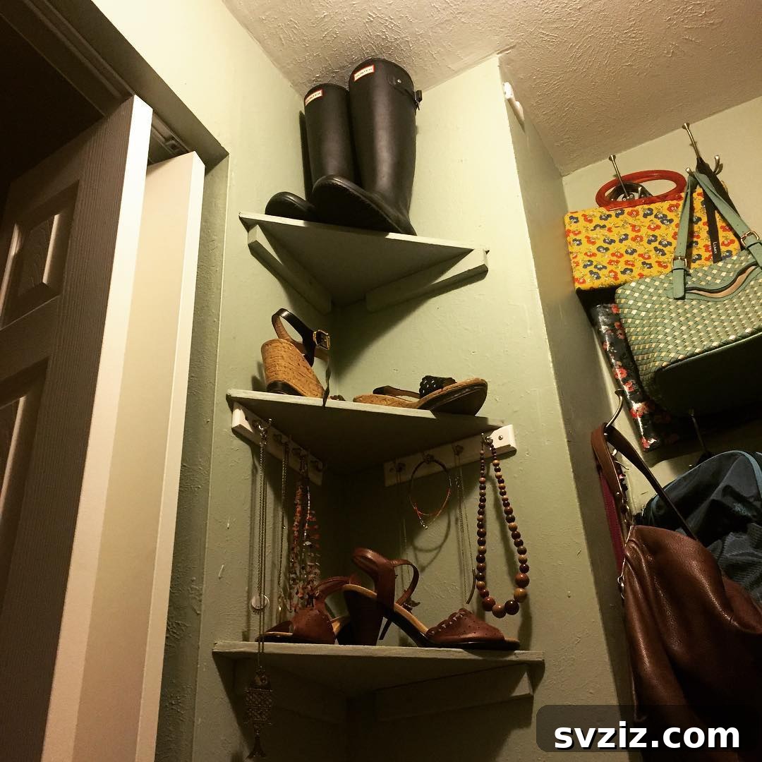 Corner shelves maximizing unused closet corners for storage