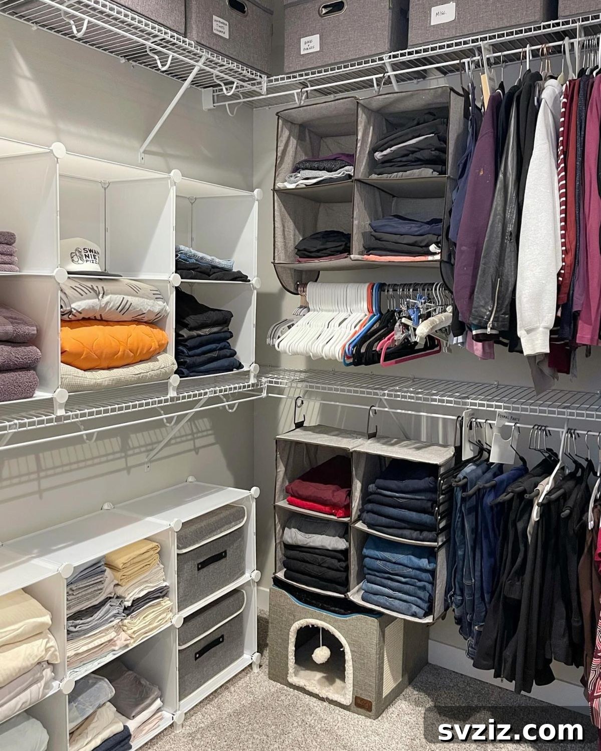 Combination storage closet with multi-level rails, baskets, and cubbies