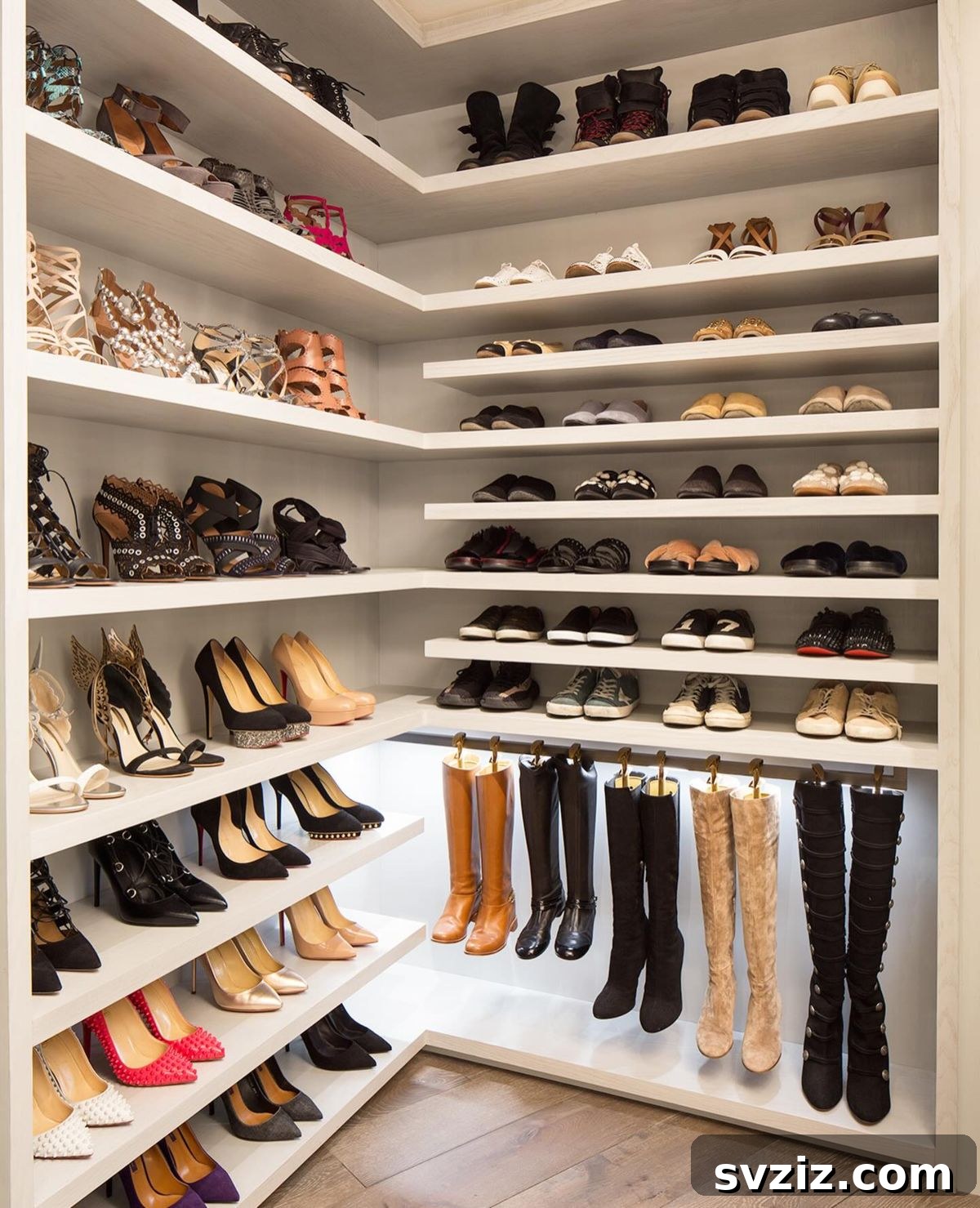 Corner wrapping shelves maximizing closet storage space