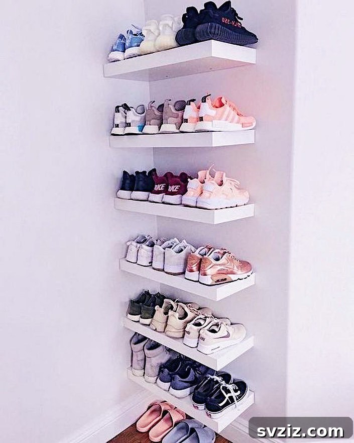 Minimalist floating shelves for neat shoe organization