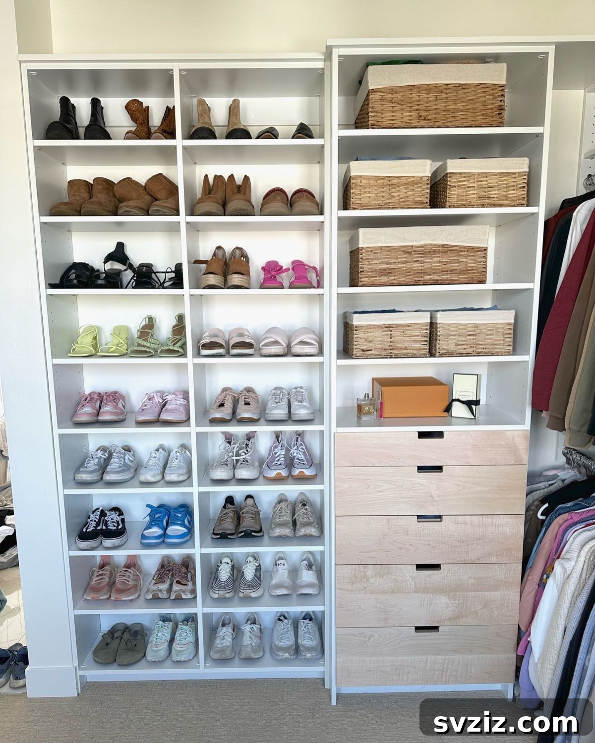 Woven wicker baskets in a combination closet storage system