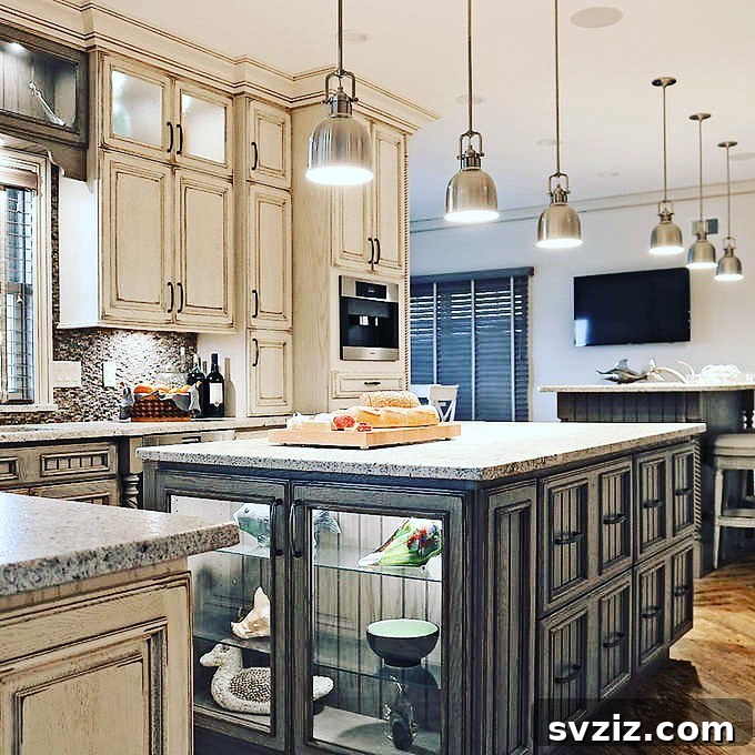 Modern kitchen island with an airy open concept, glass shelves, and glass doors