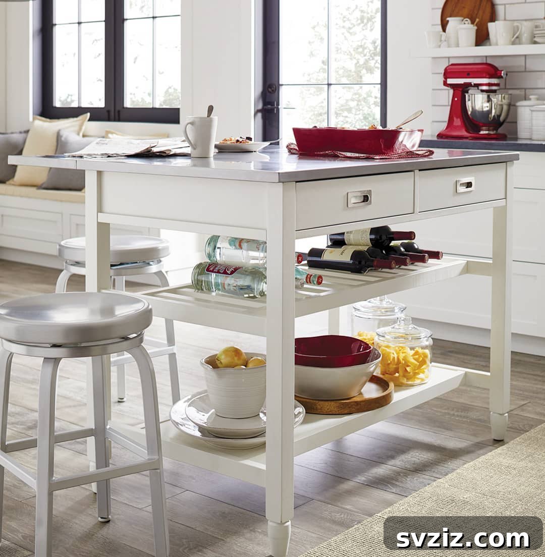 Kitchen island with multiple shelves and drawers for versatile storage
