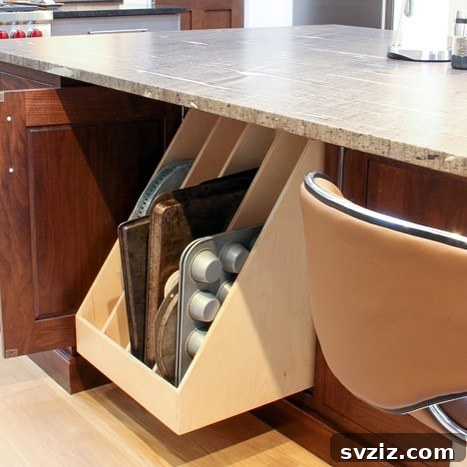 Kitchen island featuring a pull-out baking tray organizer