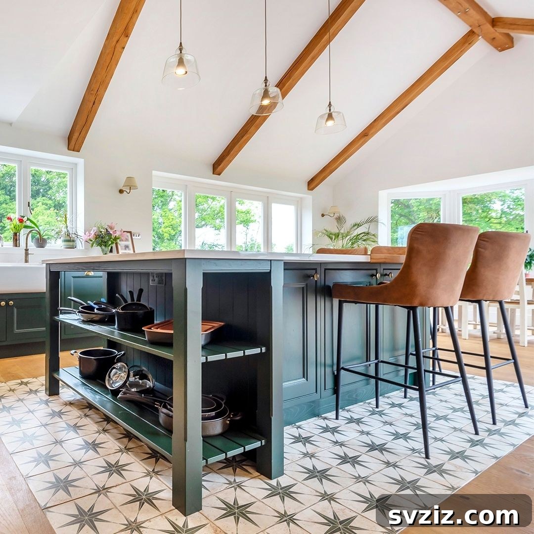 Kitchen island with an open shelf designed to store pots and pans