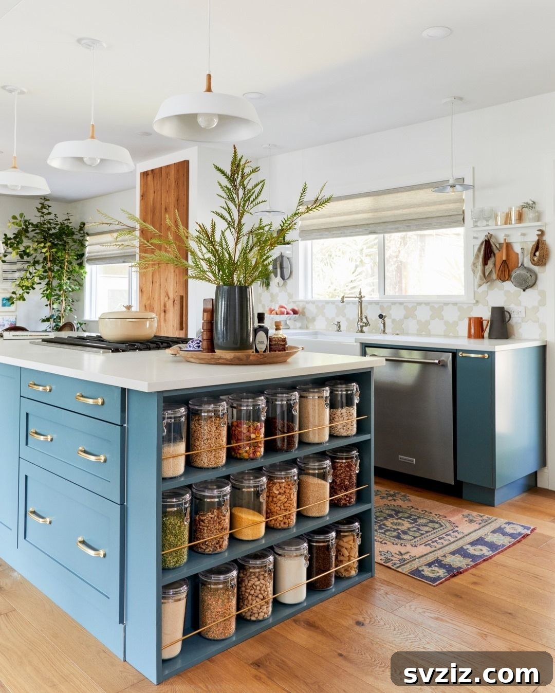 Kitchen island with open shelving for dry goods storage