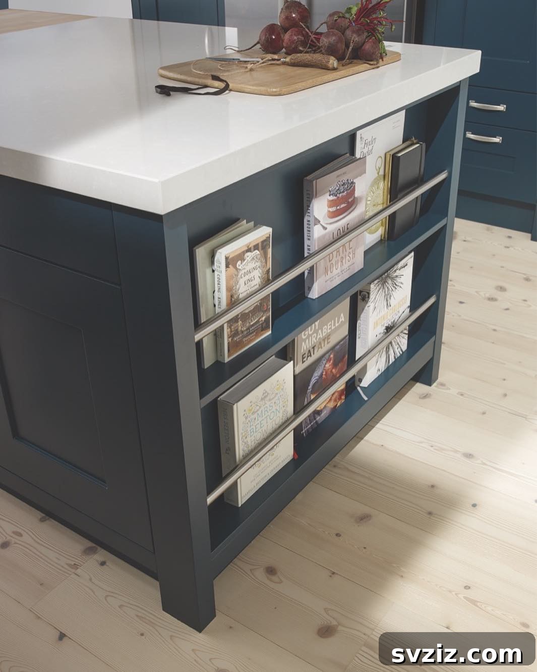 Kitchen island with an integrated slim bookshelf for cookbook storage