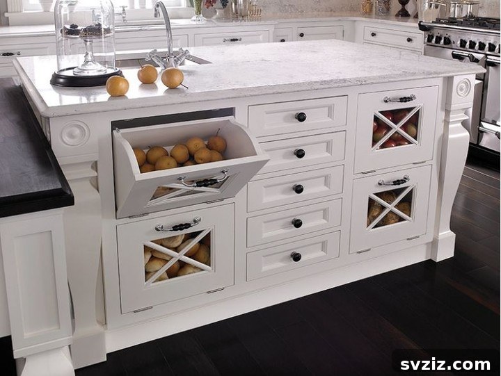 Kitchen island featuring pull-down cabinets with glass fronts