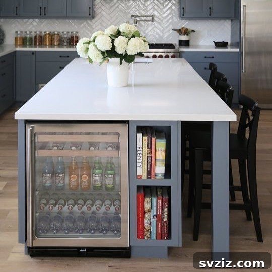 Kitchen island with a built-in small beverage fridge