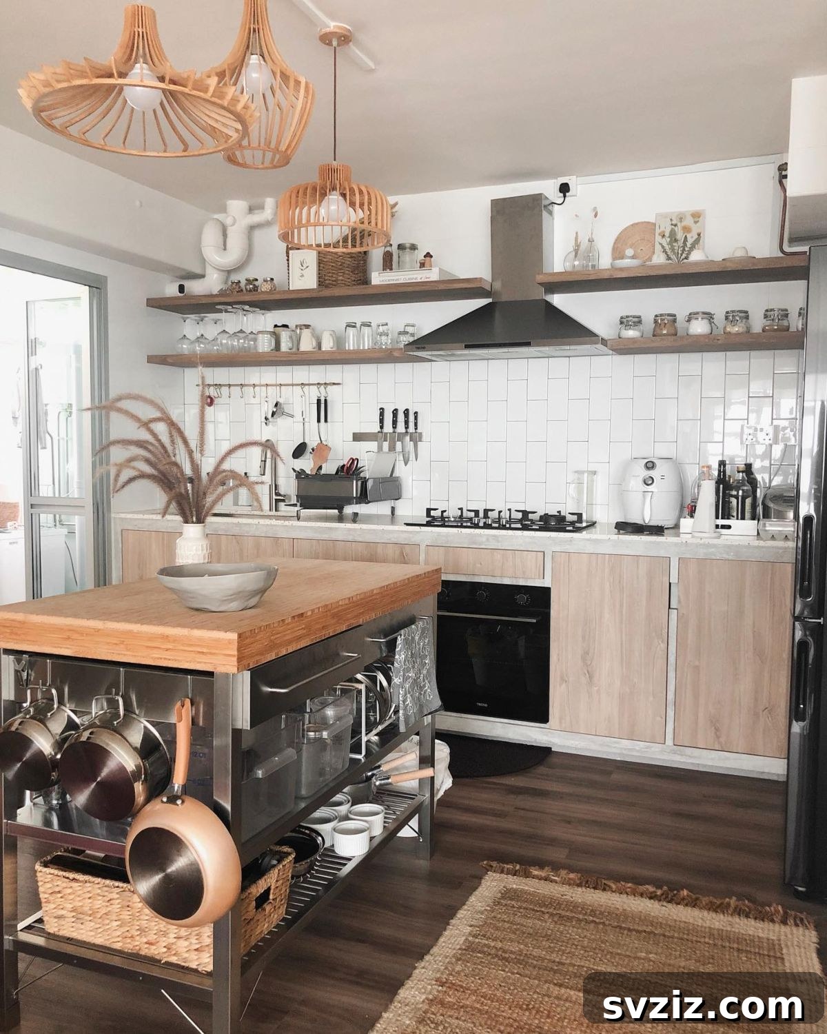 Kitchen island with a woven basket on a lower shelf for storage