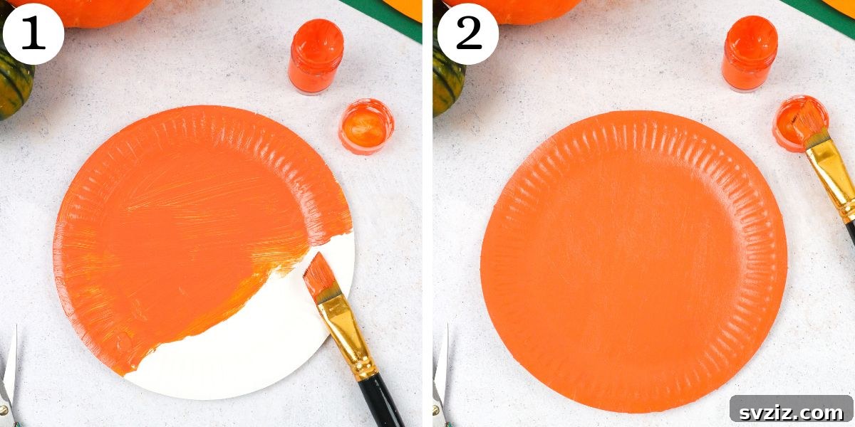 Create Your Own Paper Plate Pumpkin 4 Paper Plate Pumpkin Instructions 1-2 - Painting Your Pumpkin Base