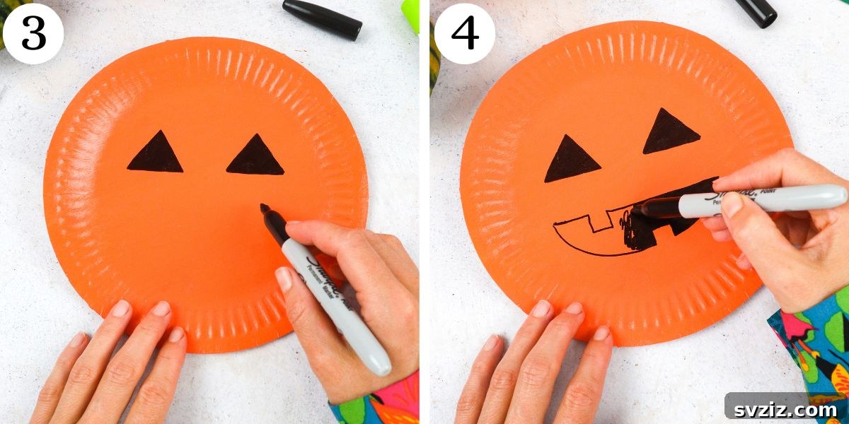 Create Your Own Paper Plate Pumpkin 5 Paper Plate Pumpkin Instructions 3-4 - Adding Facial Features
