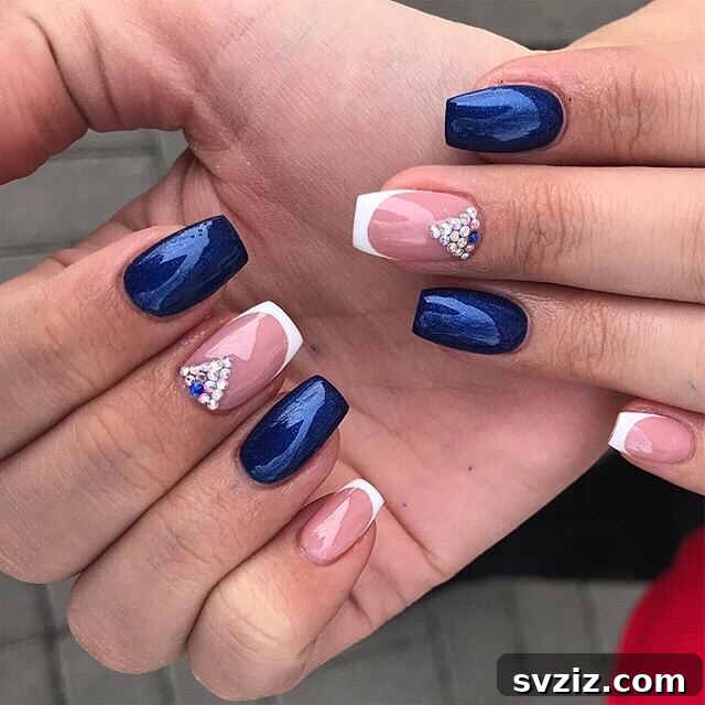 14. Dark Blue, French, and Rhinestone Designs