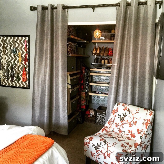Unlock Every Inch: 21 Vertical Bedroom Organization Secrets 15 13. Curtained Closet