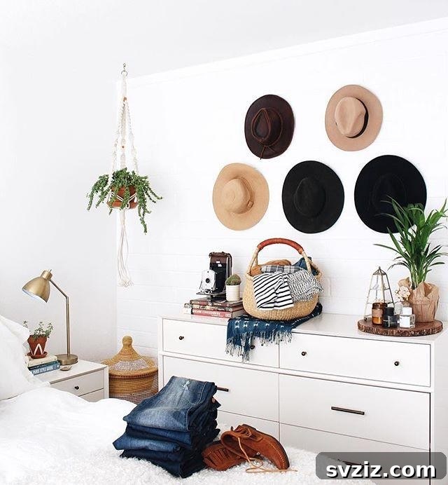 Unlock Every Inch: 21 Vertical Bedroom Organization Secrets 19 17. Hat Feature Wall