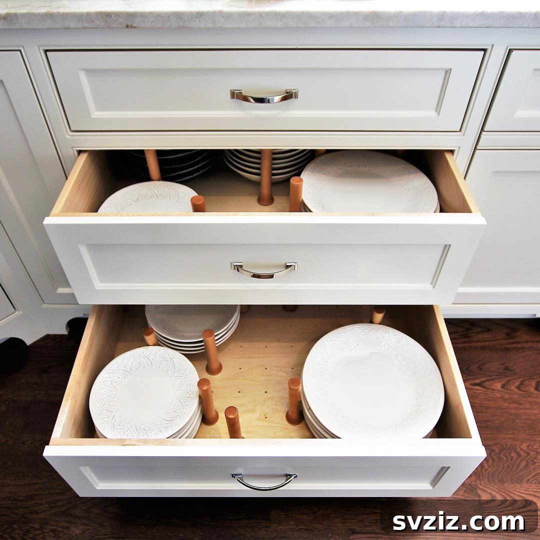Smart Plate Organization Ideas for a Perfectly Tidy Kitchen 18 Kitchen drawer with an adjustable peg plate rack, allowing flexible organization for various plate sizes.