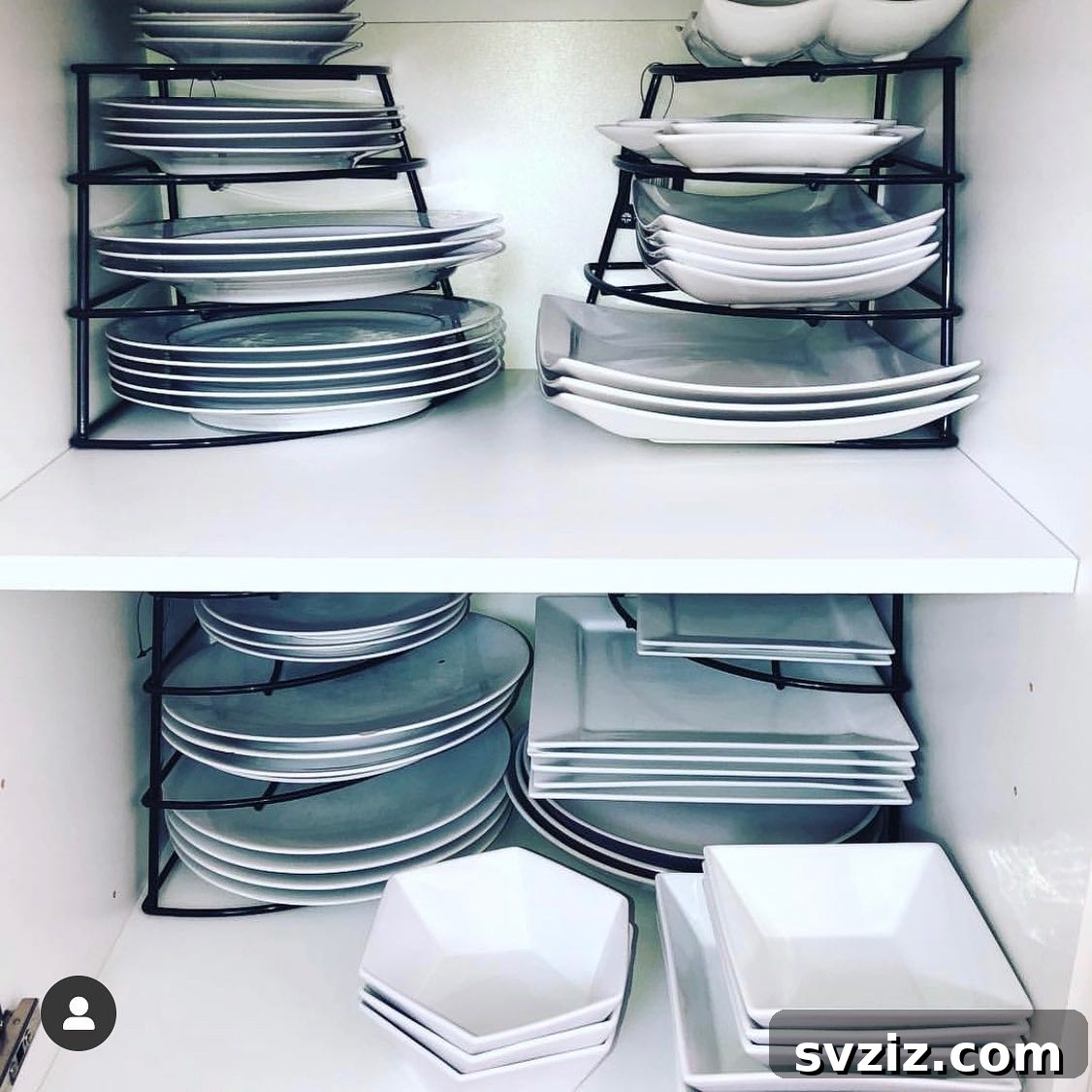 Smart Plate Organization Ideas for a Perfectly Tidy Kitchen 3 Kitchen cabinet with plate stackers organizing dinner and salad plates vertically, maximizing storage space.