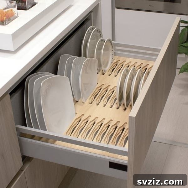 Smart Plate Organization Ideas for a Perfectly Tidy Kitchen 6 Deep kitchen drawer with custom built-in dividers, storing plates vertically for easy access and organization.