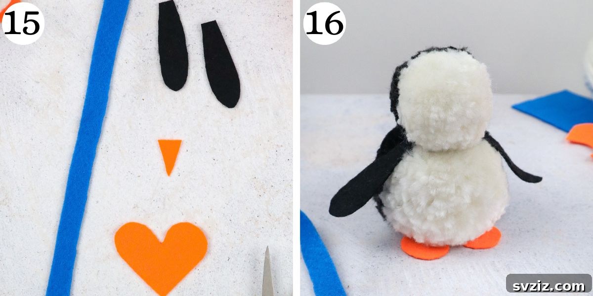 Charming Pom Pom Penguin Creations 11 Charming Pom Pom Penguins Steps 15-16 cutting and attaching wings