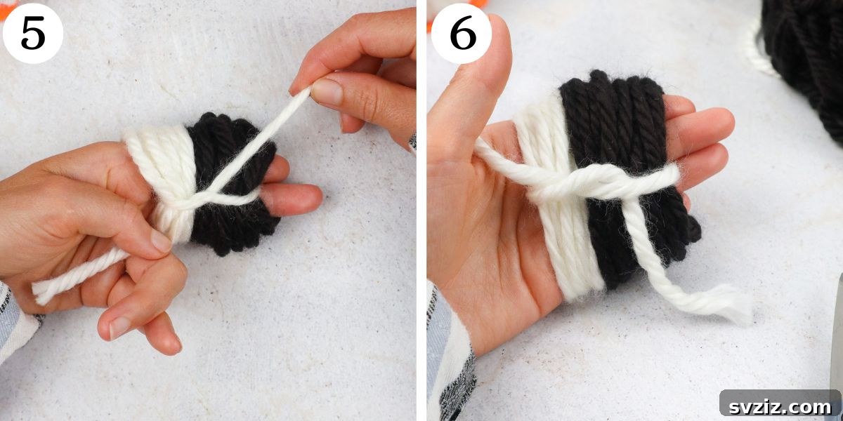 Charming Pom Pom Penguin Creations 6 Creative Pom Pom Penguins Steps 5-6 tying and removing yarn