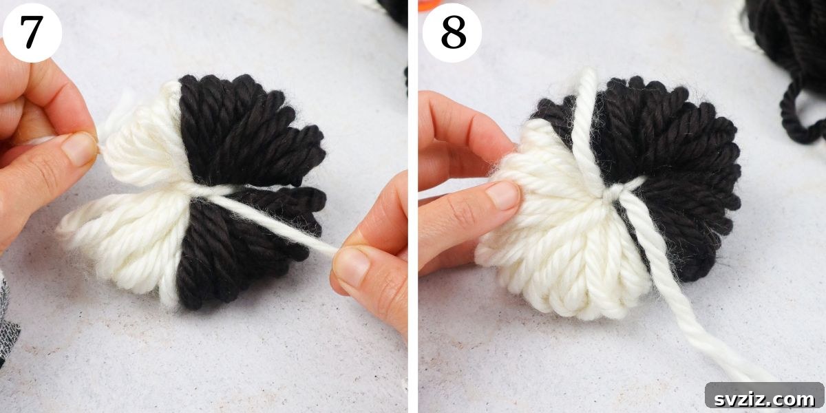 Charming Pom Pom Penguin Creations 7 Adorable Pom Pom Penguins Steps 7-8 securing and trimming tie