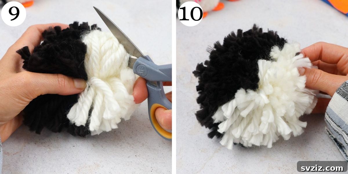 Charming Pom Pom Penguin Creations 8 Lovely Pom Pom Penguins Steps 9-10 cutting loops