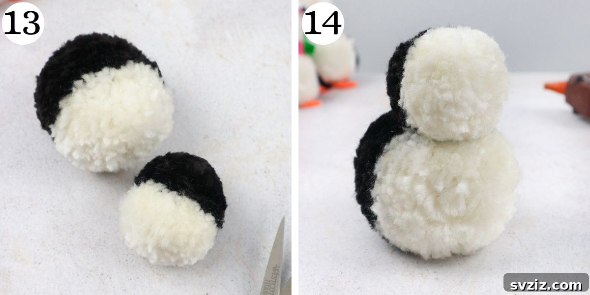 Charming Pom Pom Penguin Creations 10 Sweet Pom Pom Penguins Steps 13-14 head and body assembly
