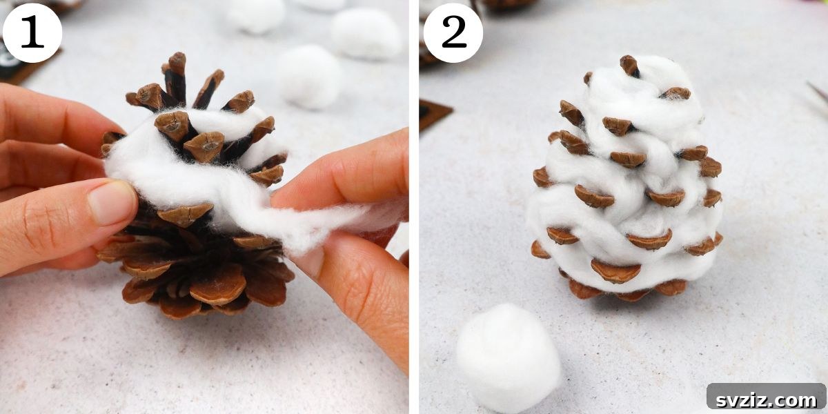 Winter Wonderland Owl Project 4 Steps 1-2 of creating a Cute Snowy Owl Craft, demonstrating the process of cotton stuffing the pinecone body